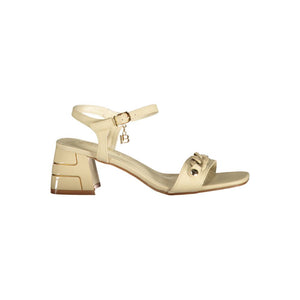Beige polyurethane Laura Biagiotti heeled sandal with an ankle strap and decorative chain detail.