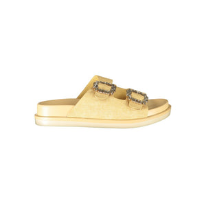 Beige Laura Biagiotti polyurethane slide sandal with two jeweled buckle straps.
