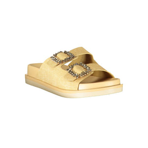 Beige Laura Biagiotti women's polyurethane slide sandal with dual crystal-embellished buckle straps.