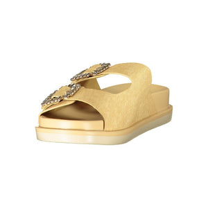 Beige Laura Biagiotti women's polyurethane slide sandal with jeweled buckle detailing.