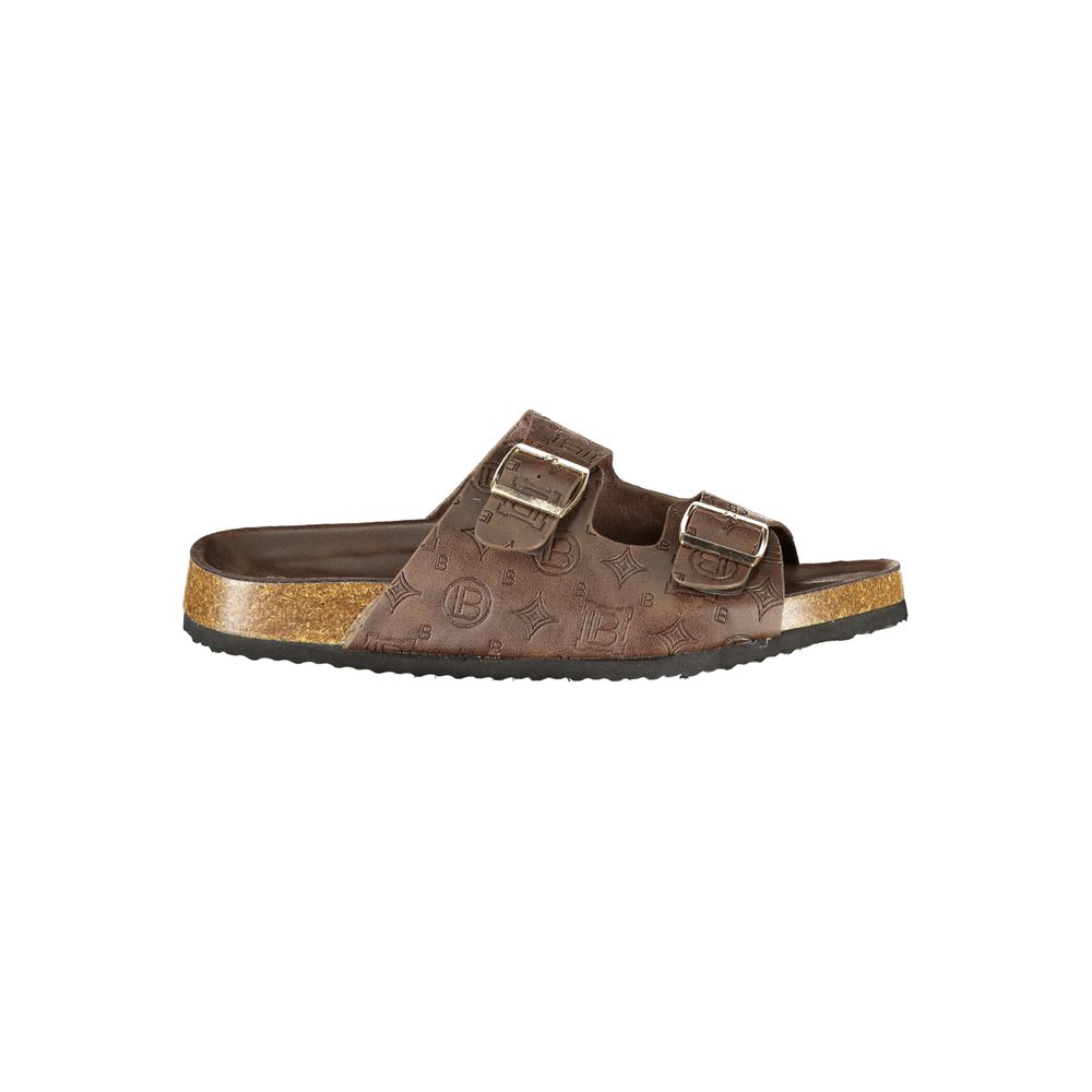 Laura Biagiotti brown polyurethane double-strap sandal with gold buckle and embossed logo pattern on cork-style sole.