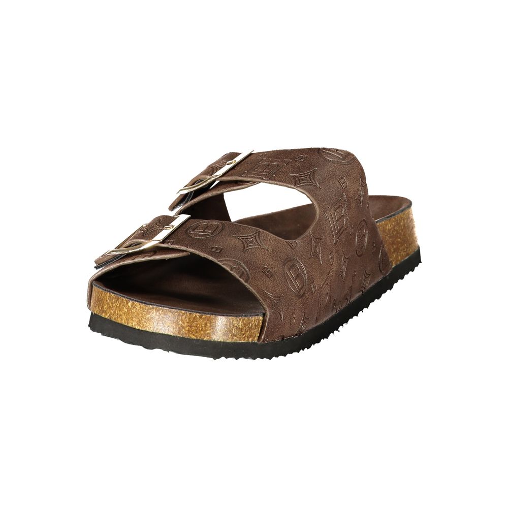 Laura Biagiotti brown polyurethane women’s slide sandal with embossed logo and double buckled straps.