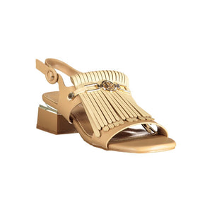 Beige polyurethane slingback sandal with fringe detail, metallic buckle, and a block heel by Laura Biagiotti.