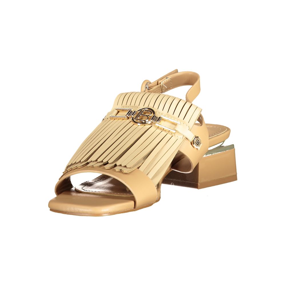 Beige polyurethane Laura Biagiotti sandal with fringe detailing, gold-tone hardware, and a block heel.