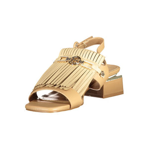 Beige polyurethane Laura Biagiotti sandal with fringe detailing, gold-tone hardware, and a block heel.