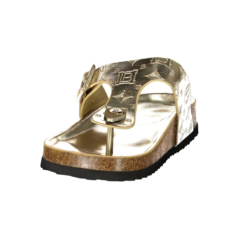Female model wearing Laura Biagiotti gold polyurethane women's slide with a lustrous gold metallic upper, sleek slip-on silhouette, and refined Italian craftsmanship, captured mid-step in a casual lifestyle pose showcasing the slide's glamorous golden finish and effortless designer luxury