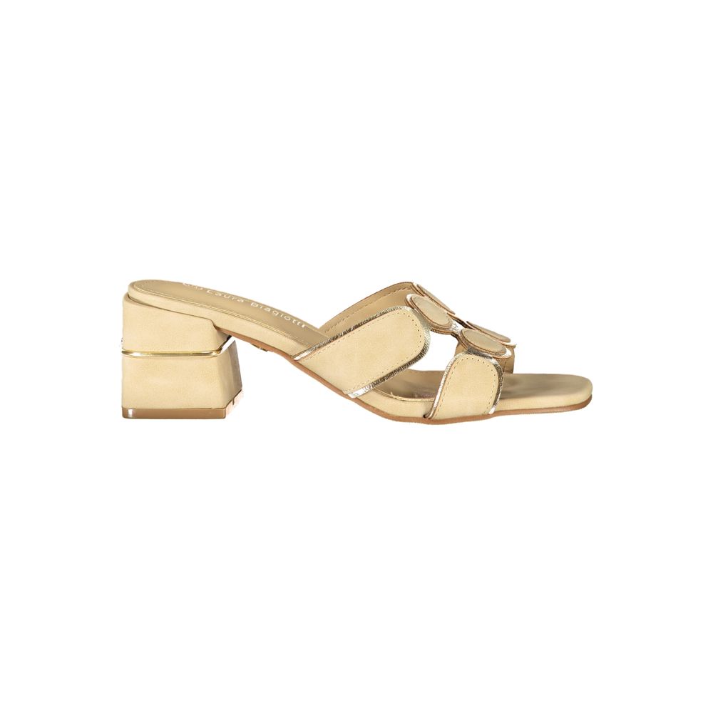 Laura Biagiotti beige polyurethane women's block-heel mule sandal with decorative gold circular accents.
