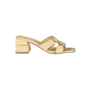 Laura Biagiotti beige polyurethane women's block-heel mule sandal with decorative gold circular accents.