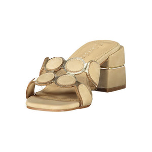 Laura Biagiotti beige polyurethane women’s block-heel mule sandal with decorative gold circular accents.