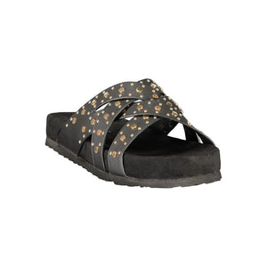 Laura Biagiotti black polyurethane slide sandal with gold-toned stud embellishments on crossover straps.