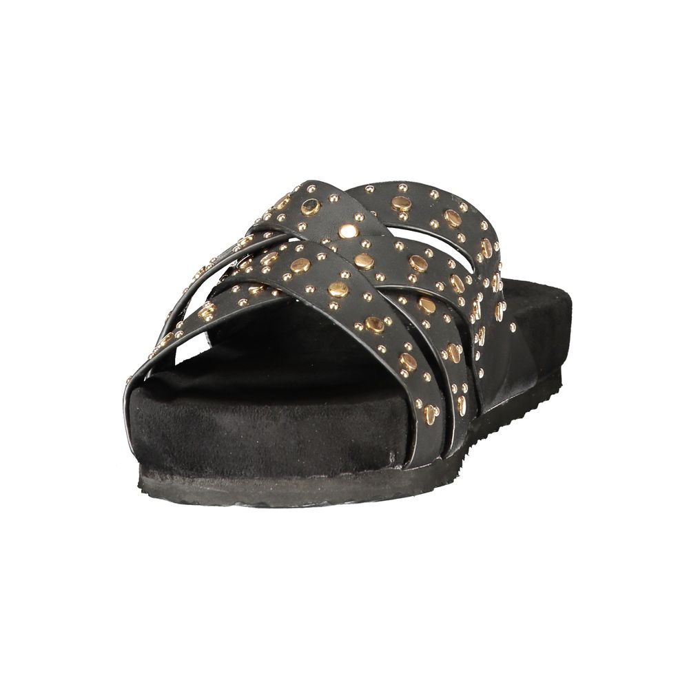 Black polyurethane Laura Biagiotti slide sandals featuring crisscross straps with gold stud embellishments.