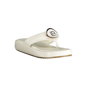 White polyurethane platform thong sandal by Laura Biagiotti with gold-tone brand logo embellishment.