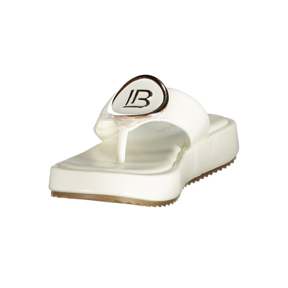 White polyurethane Laura Biagiotti platform thong sandal with gold logo emblem on the strap.