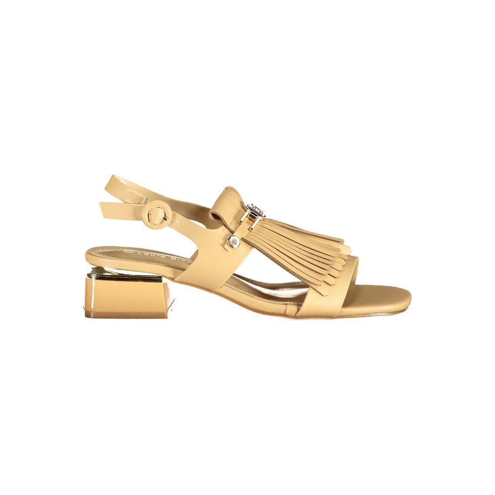 Beige polyurethane Laura Biagiotti slingback sandals with fringe detail and a metallic low block heel.