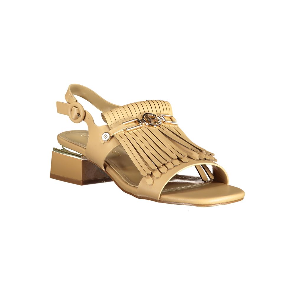 Beige polyurethane women's slingback sandal with fringe detail, metal hardware, and a low block heel.