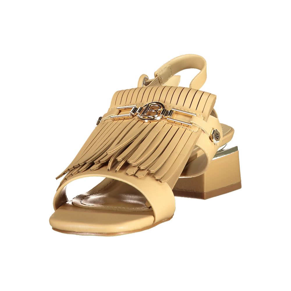Beige polyurethane Laura Biagiotti women's sandal with fringe detail, slingback strap, and a gold-tone block heel.