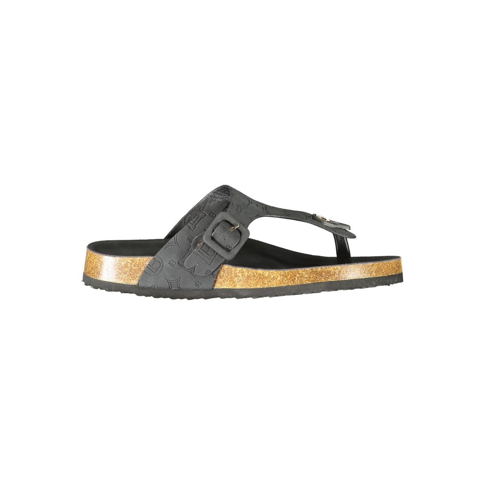 "Female model wearing Laura Biagiotti black polyurethane women's sandal with a sleek black upper, elegant strap detailing, and refined Italian craftsmanship, captured mid-step in a casual lifestyle pose showcasing the sandal's bold sophistication and effortless everyday luxury."

