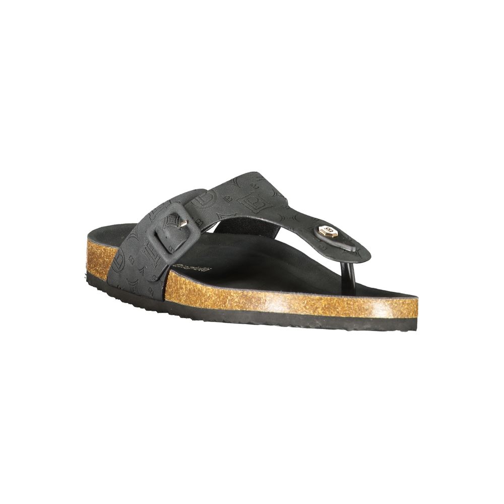 "Female model wearing Laura Biagiotti black polyurethane women's sandal with a sleek black upper, elegant strap detailing, and refined Italian craftsmanship, captured mid-step in a casual lifestyle pose showcasing the sandal's bold sophistication and effortless everyday luxury."

