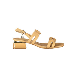 Beige Laura Biagiotti polyurethane sandal with a block heel, buckled straps, and a hanging logo charm.