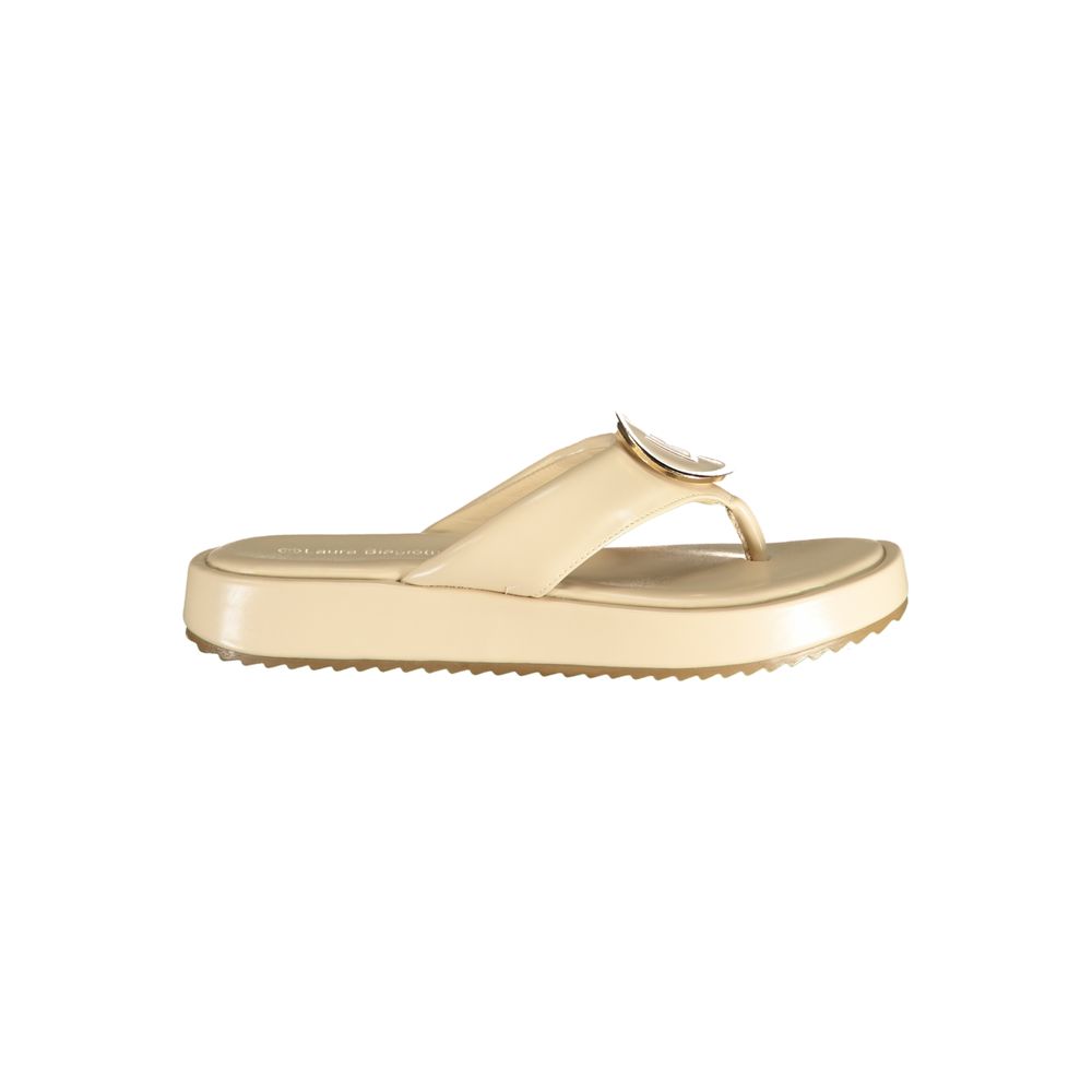 Beige Laura Biagiotti polyurethane platform thong sandal with a gold-tone logo accent on the strap.