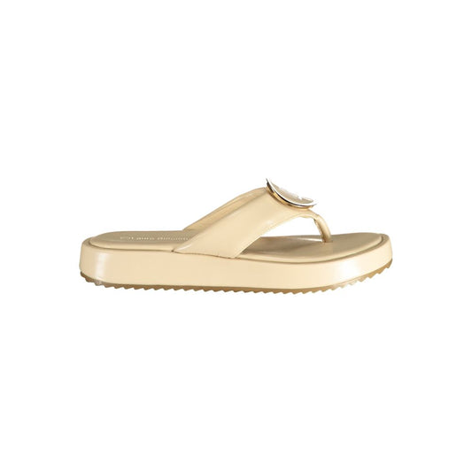 Beige Laura Biagiotti polyurethane platform thong sandal with a gold-tone logo accent on the strap.