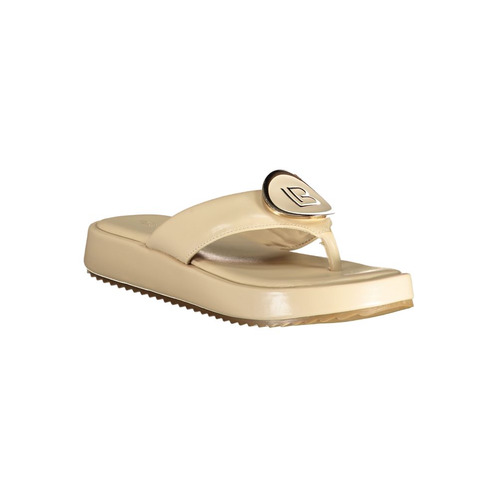 Beige polyurethane platform thong sandal by Laura Biagiotti with a gold brand logo accent.