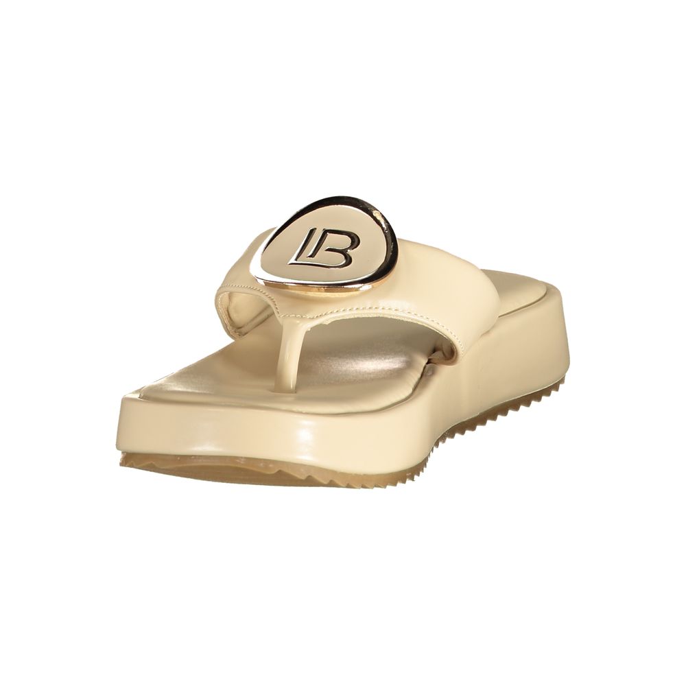 Beige polyurethane platform thong sandal by Laura Biagiotti, featuring a gold-toned logo embellishment.