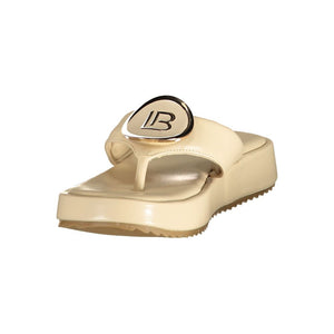 Beige polyurethane platform thong sandal by Laura Biagiotti, featuring a gold-toned logo embellishment.