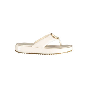 White Laura Biagiotti polyurethane thong sandal with a gold logo accent and a platform sole.