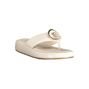 White Laura Biagiotti polyurethane thong sandal with platform sole and gold-tone logo hardware.