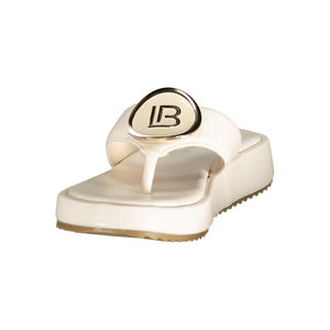 White polyurethane Laura Biagiotti platform thong sandal with a gold-tone metal LB logo on the strap.