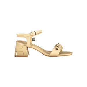 Laura Biagiotti beige polyurethane block-heel sandal with an ankle strap, chain detail, and gold-tone logo charm.
