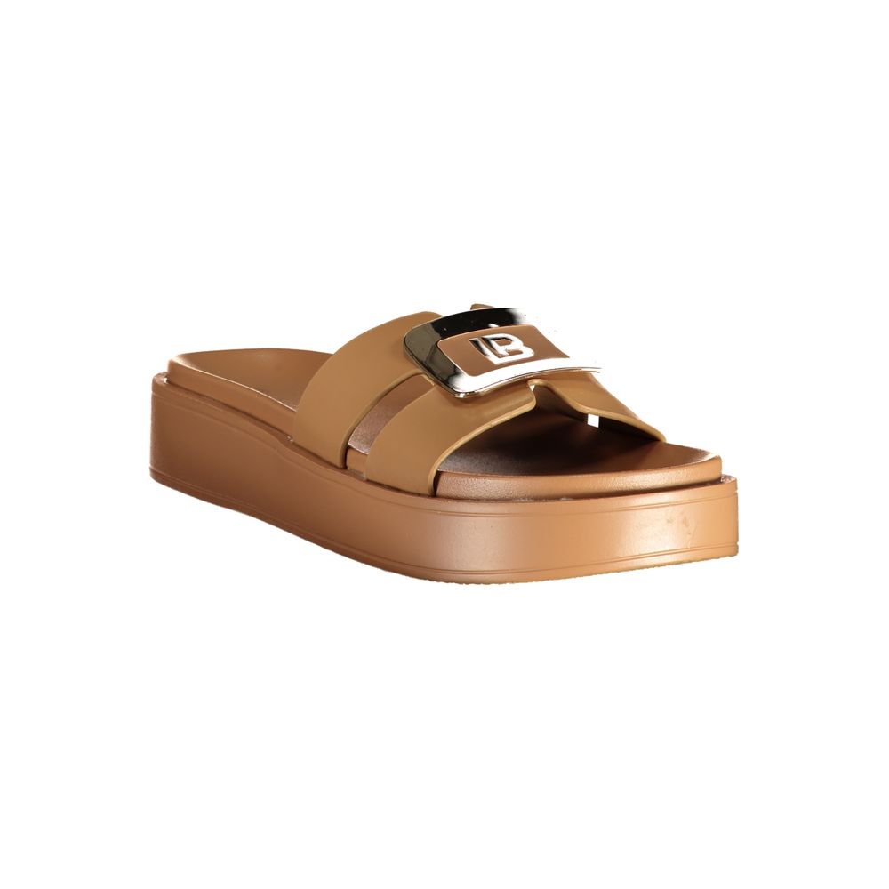 Female model wearing Laura Biagiotti beige polyurethane women's sandal with a warm beige upper, elegant strap detailing, and refined Italian craftsmanship, captured mid-step in a casual lifestyle pose showcasing the sandal's timeless neutral appeal and effortless summer elegance