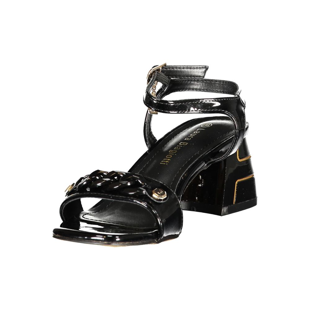 Female model wearing Laura Biagiotti black polyurethane women's sandal with a sleek black upper, elegant strap detailing, and refined Italian craftsmanship, captured mid-step in a casual lifestyle pose showcasing the sandal's classic sophistication and effortless designer style.