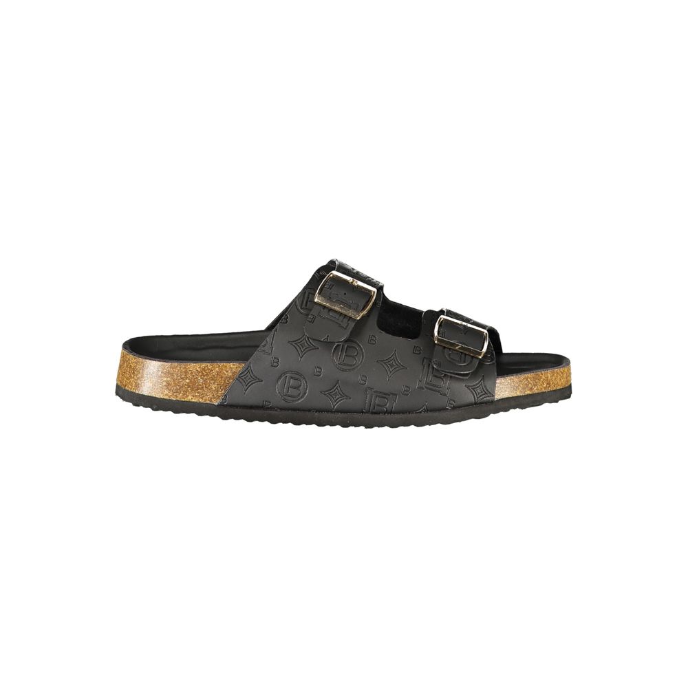 Female model wearing Laura Biagiotti nero black polyurethane women's sandal with a sleek black upper, elegant strap detailing, and refined Italian craftsmanship, captured mid-step in a casual lifestyle pose showcasing the sandal's timeless sophistication and effortless everyday luxury