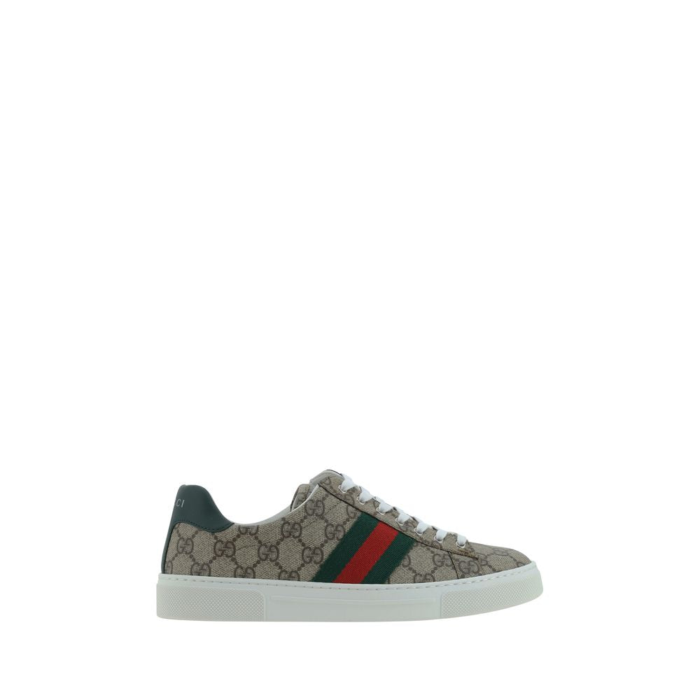 Gucci sneaker with patterned design and red and green stripe on a white background