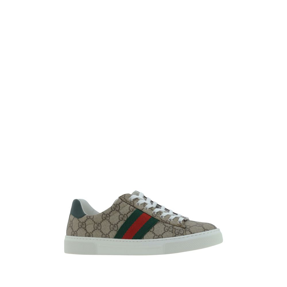 Sneaker with a patterned design and green and red stripe on a white background