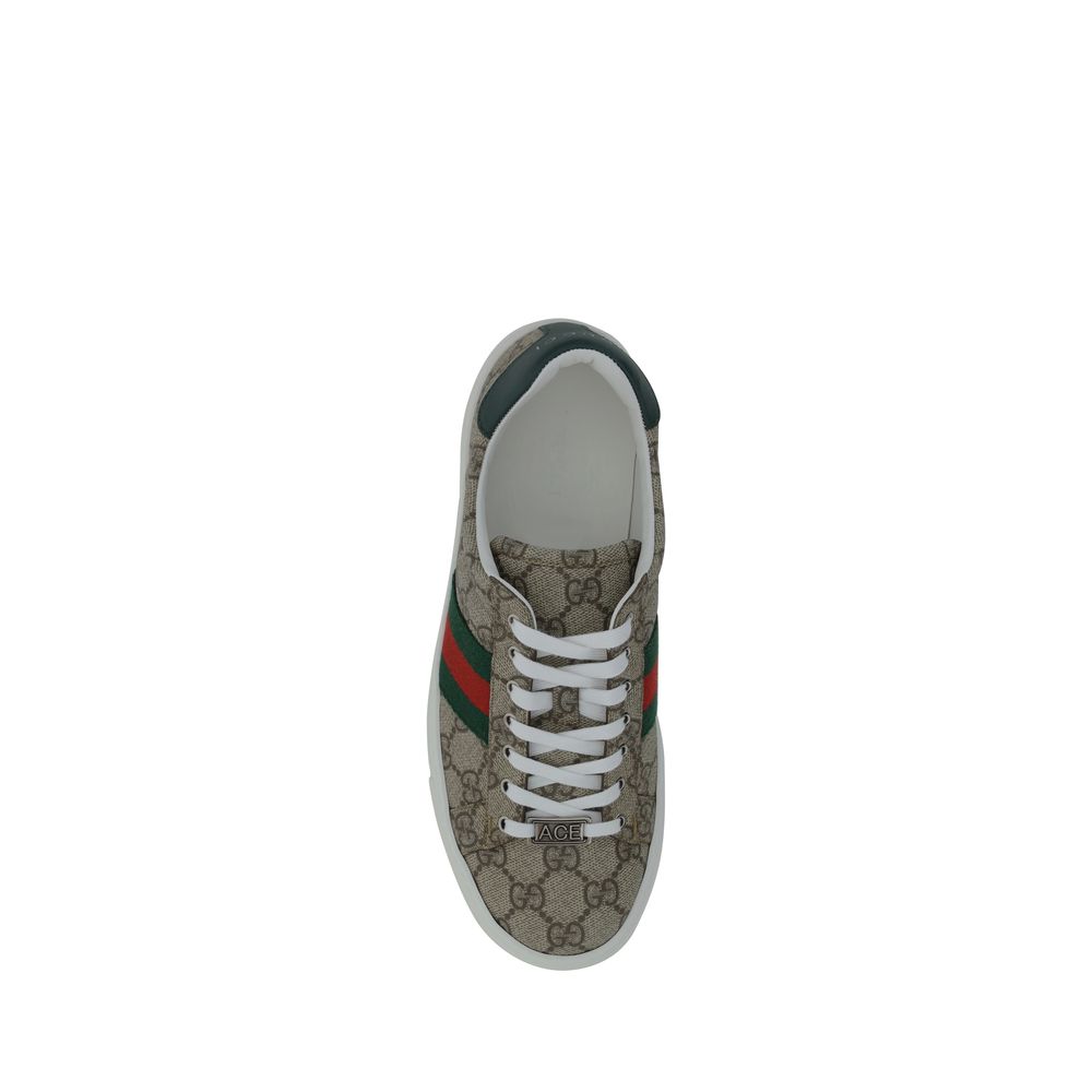 Gucci sneaker with iconic pattern and red and green stripes on a white background