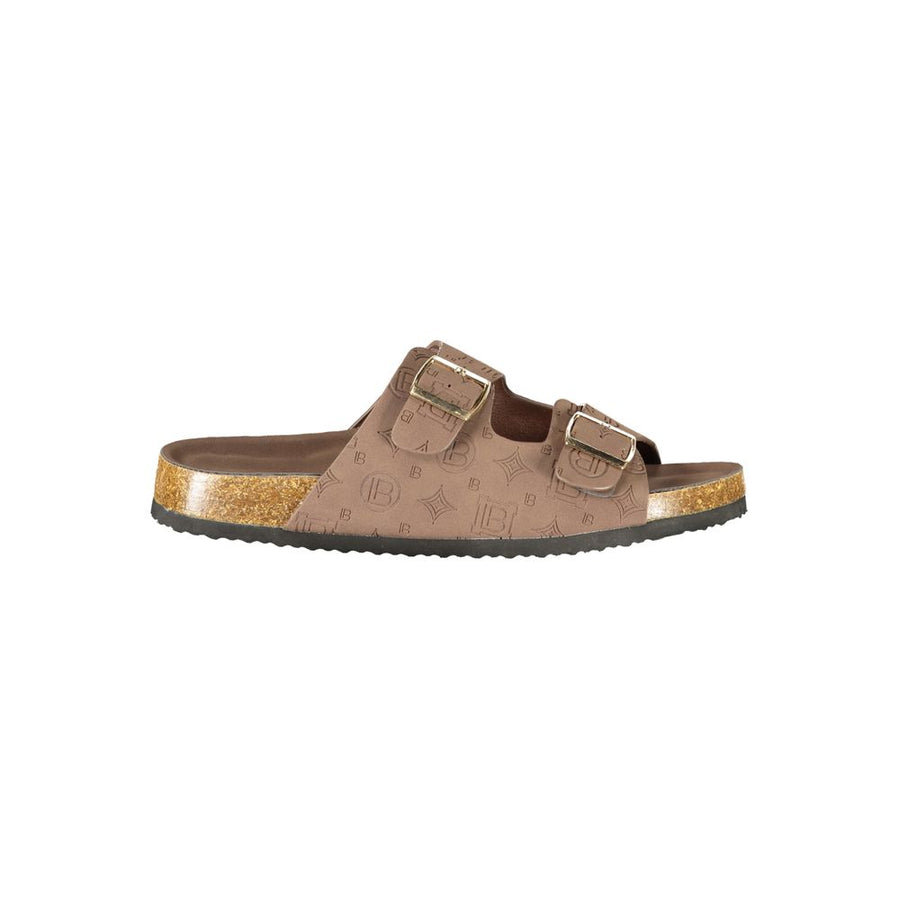 Laura Biagiotti brown polyurethane women's slide sandal featuring two buckled straps with debossed monogram logo.