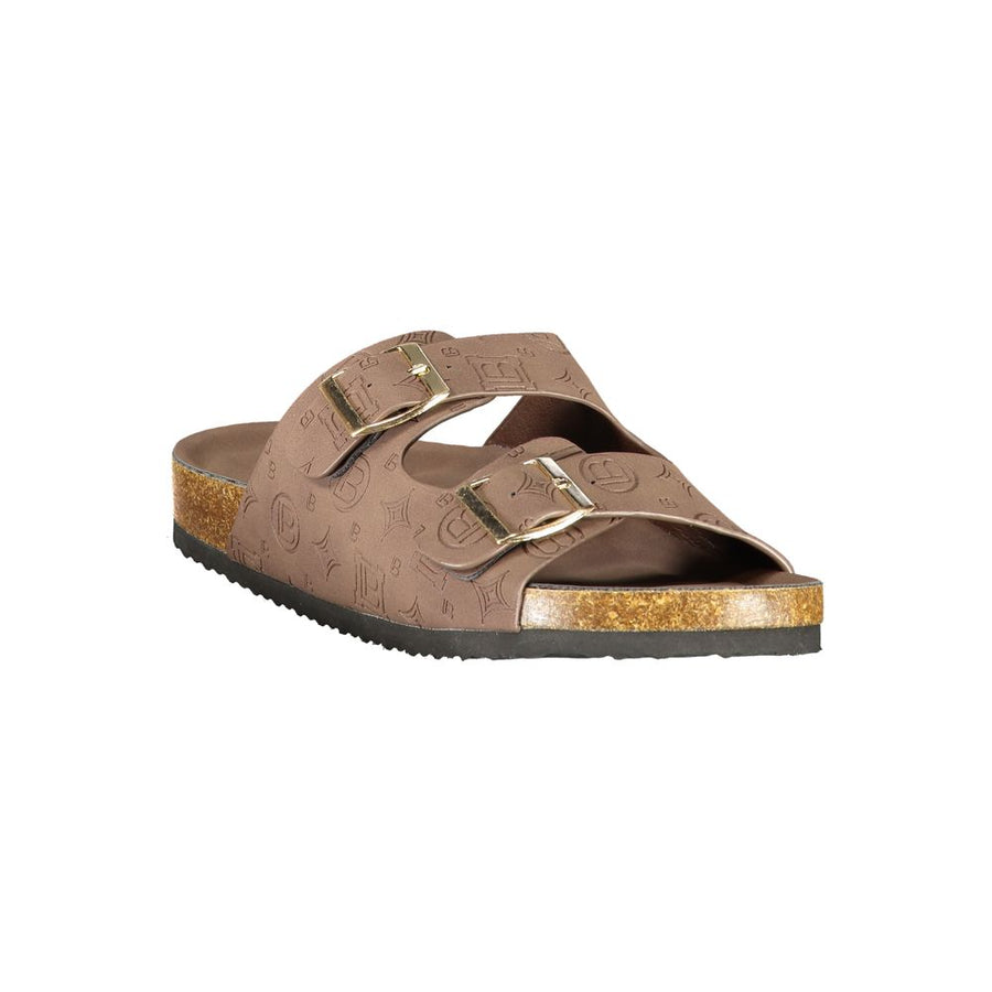 Laura Biagiotti brown polyurethane women's slide sandal featuring two buckled straps with debossed monogram logo.