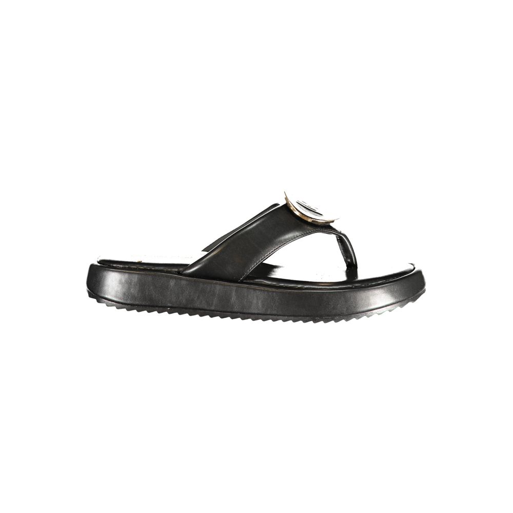 Laura Biagiotti black polyurethane thong sandal with a platform sole and gold logo detail.