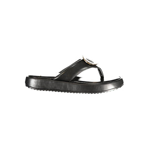 Laura Biagiotti black polyurethane thong sandal with a platform sole and gold logo detail.