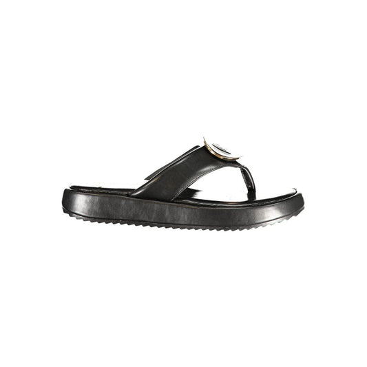 Laura Biagiotti black polyurethane thong sandal with a platform sole and gold logo detail.