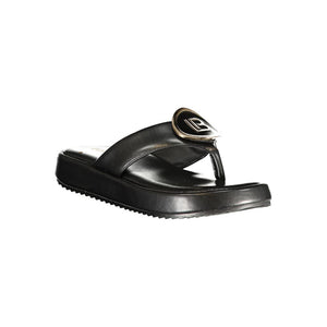 Black polyurethane Laura Biagiotti platform thong sandal with a gold brand logo accent.