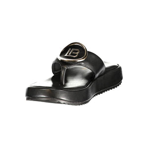 Black Laura Biagiotti platform thong sandal in polyurethane with a metallic LB logo accent.