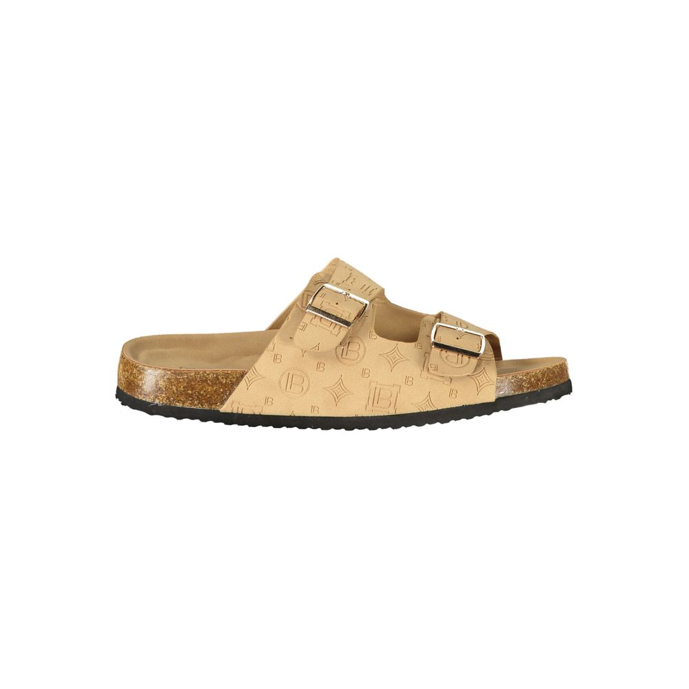 Female model wearing Laura Biagiotti beige polyurethane women's sandal with a warm beige upper, elegant multi-strap detailing, and refined Italian craftsmanship, captured mid-step in a casual lifestyle pose showcasing the sandal's classic neutral appeal and effortless summer luxury.