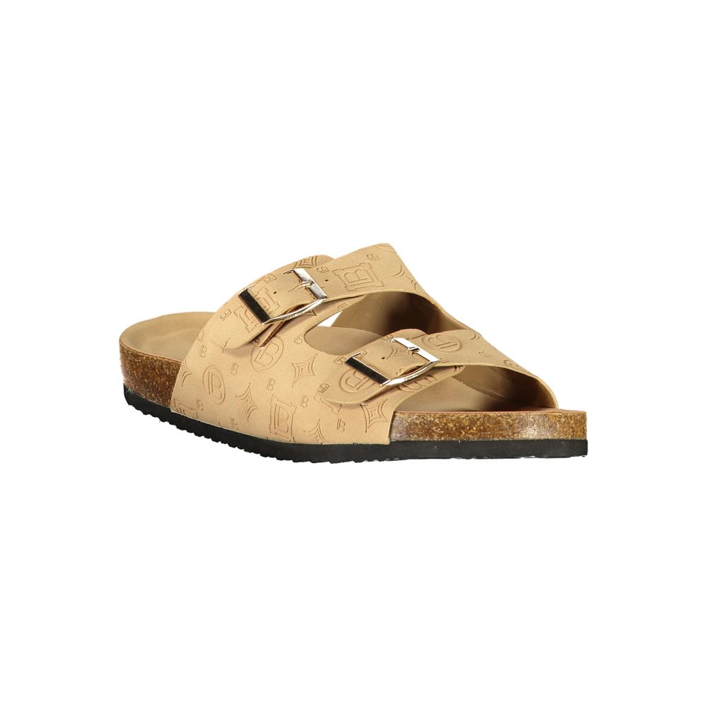 Female model wearing Laura Biagiotti beige polyurethane women's sandal with a warm beige upper, elegant multi-strap detailing, and refined Italian craftsmanship, captured mid-step in a casual lifestyle pose showcasing the sandal's classic neutral appeal and effortless summer luxury.