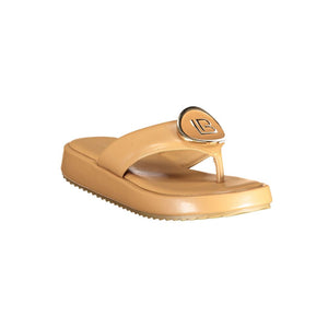 Beige polyurethane thong sandal with platform sole and gold LB logo detail.