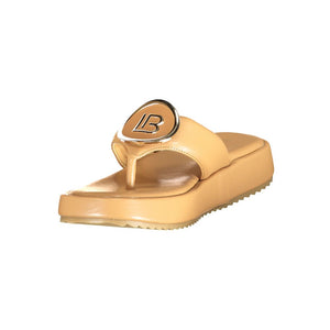 Laura Biagiotti beige polyurethane platform thong sandal with gold logo emblem on a thick lug sole.