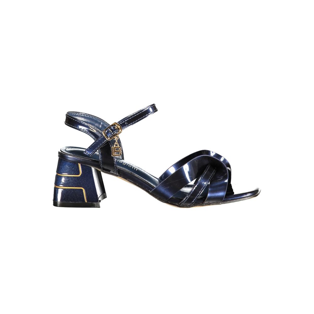 Female model wearing Laura Biagiotti blue polyurethane women's sandal with a vibrant blue upper, elegant strap detailing, and refined Italian craftsmanship, captured mid-step in a casual lifestyle pose showcasing the sandal's bold summer colour and effortless designer style.